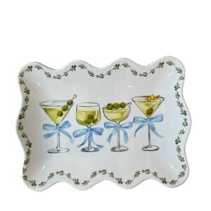 Rachel Zoe Cocktails & Bows Melamine Appetizer Plates 9x6 Set of 4 Scalloped NEW